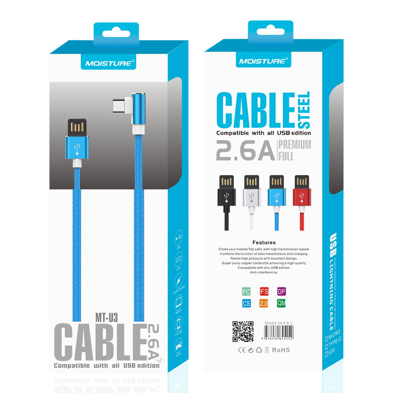 Moisture 2.6A Premium Full Steel USB TO Type C Cable In Blue